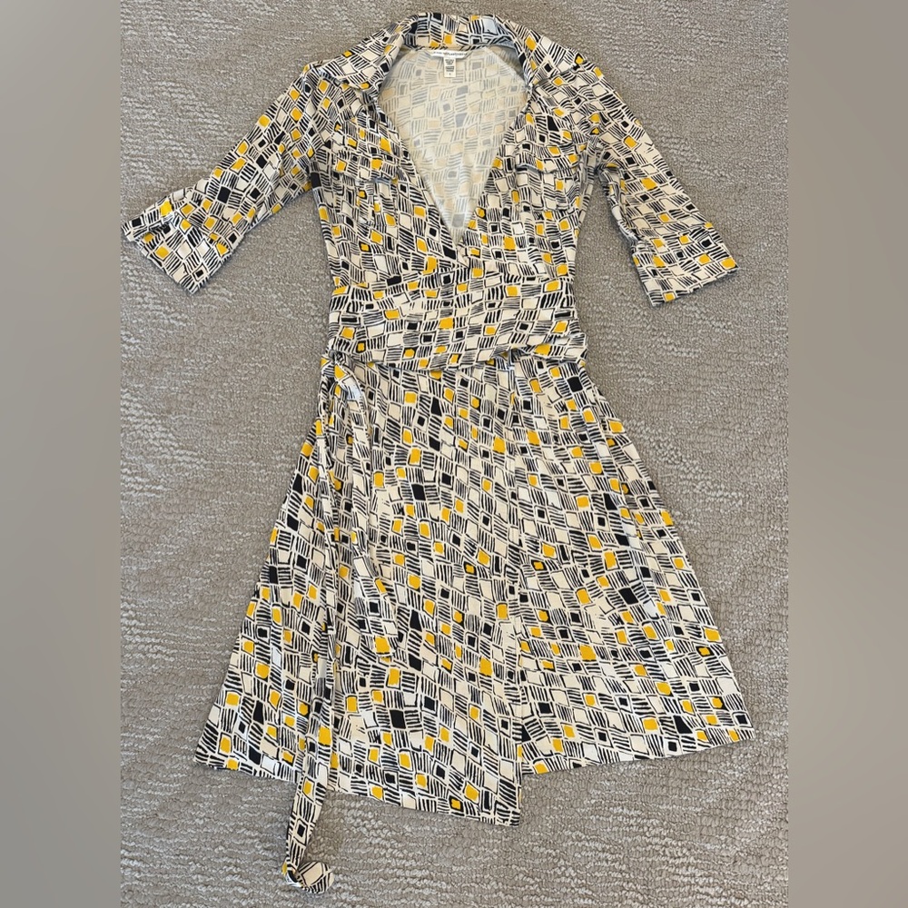 Diane Von Furstenberg Wrap Dress - Black, White, and Yellow Pattern